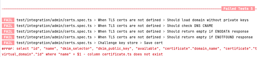 Les tests d'intégration portant sur la table "certificate" sont en échec quand on joue la migration en entier sans modifier le code de l'application.